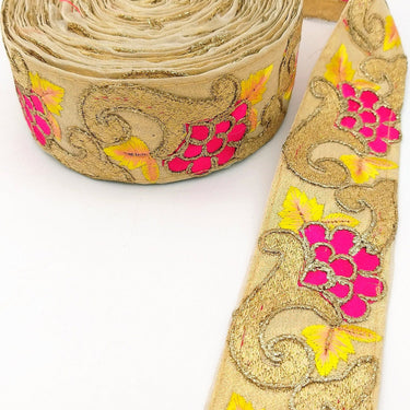 Beige Art Silk Fabric Trim with Floral Embroidery in Yellow, Gold and Fuchsia, Flower Embroidered Trim
